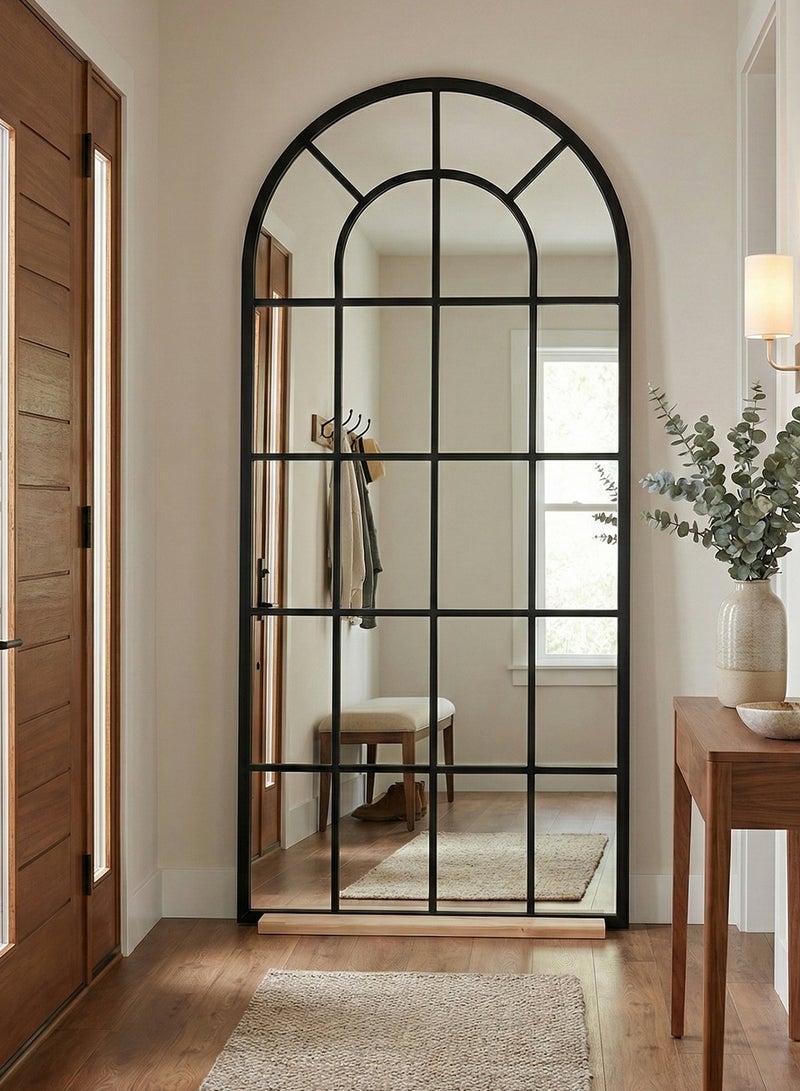 M-Smart Large Wall Mirror 180x80cm with Wooden Base and Black Metal Frame - Modern Arched Window Design Decorative Mirror for Living Room, Bedroom and Home Entryway - Image 4